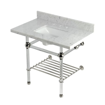 Kingston Brass 36-Inch Carrara Marble Console Sink with Acrylic Legs and Shelf, 8-Inch, 3-Hole KVPB3630MASQB6