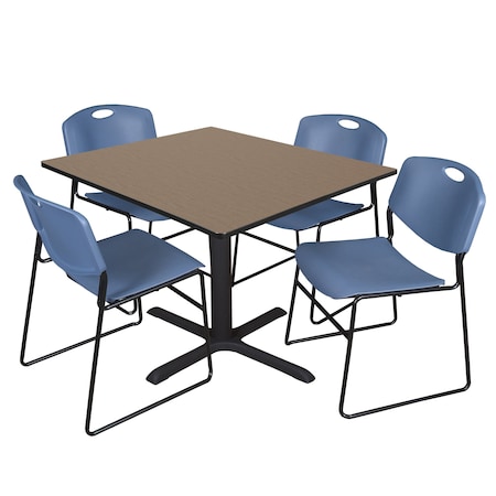 Regency Square Cain Breakroom Table W/ 4 Zeng Stack Chairs, 48 in W, 48 in L, Noble Oak TB4848NO44BE