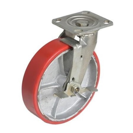 Vestil Polyurethane Swivel With Brake Caster 8 In. Diameter x 2 In. Width 882 Lb. Capacity Red CST-PU-8X2-S-BR