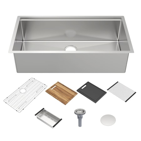 Whitehaus Collection Whitehaus 36 in Undermount Single Bowl 16 Gauge Brushed Stainless Steel Workstation Sink WHSW3619
