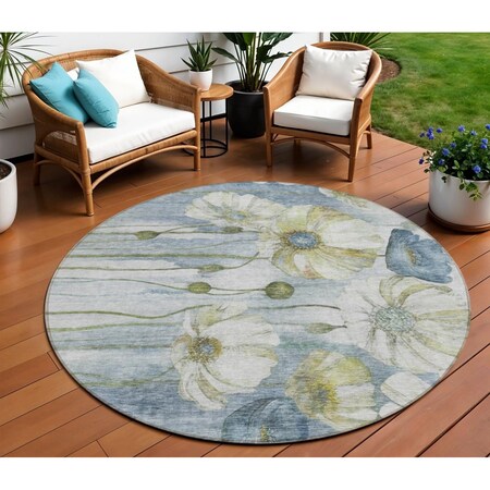 Homeroots 8' Denim Blue And Sky Blue Round Floral Washable Indoor Outdoor Area Rug 582748