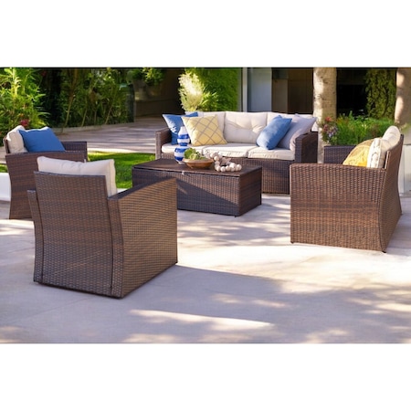 Homeroots Five Piece Outdoor Dark Brown Wicker Sofa Seating Group with Beige Cushions 558547