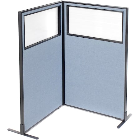 Global Industrial Interion Freestanding 2-Panel Corner Room Divider w/Partial Window 36-1/4"W x 60"H Panels Blue 695022BL