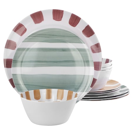 Gibson Home Cottage Stripes 12 Piece Melamine Dinnerware Set in White and Multi 750123516M