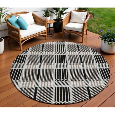 Homeroots 8' Black Gray And Brown Round Plaid Washable Indoor Outdoor Area Rug 597543