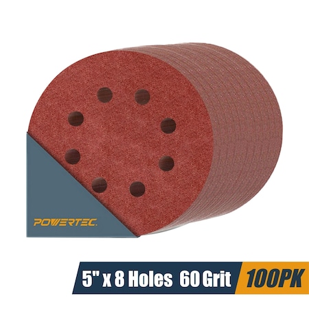 Powertec 5 in. 8 Hole Hook and Loop Sanding Discs, Aluminum Oxide, 60 Grit, 100PK 45006-P4N