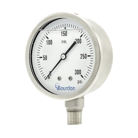 Bourdon Industrial Pressure Gauge, 0 to 300 psi, 4 in Dial, 1/2 in NPT, Bottom Location MEX5-D62.H25/0133
