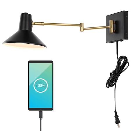 Jonathan Y Hygge 16" Swing Arm 1-Light Modern Midcentury Iron USB Charging Port LED Sconce, Black/Brass Gold JYL1302B