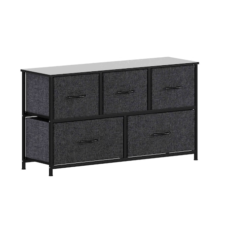 Flash Furniture Harris 5 Drawer Vertical Storage Dresser with Black Cast Iron Frame and Wood Top and Black Easy Pul WX-5L206-W-BK-BK-GG