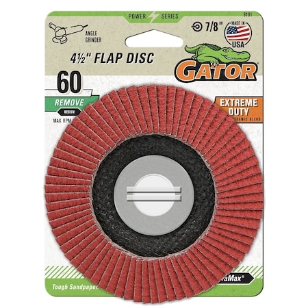 Gator Abrasive Flap Disc, 60 Grit, Medium, Zirconium Oxide Abrasive, Fiberglass Backing, 7/8 in 9181GA