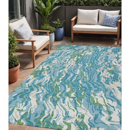 Homeroots 5' X 8' Teal Blue Ivory And Green Abstract Washable Indoor Outdoor Area Rug 600319