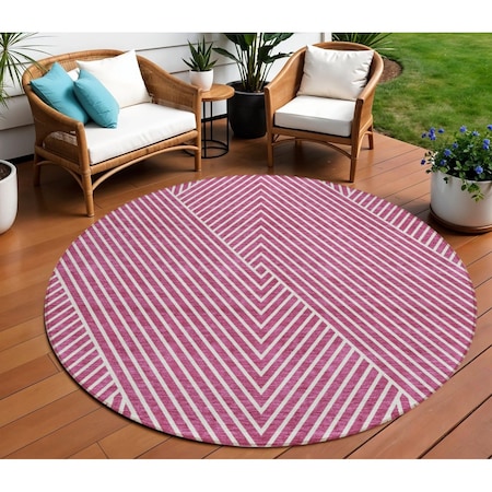 Homeroots 8' Blush And Ivory Round Geometric Washable Indoor Outdoor Area Rug 612114
