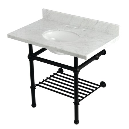 Kingston Brass 36-Inch Carrara Marble Console Sink with Brass Legs and Shelf, 8-Inch, 3-Hole KVPB3630MBB0