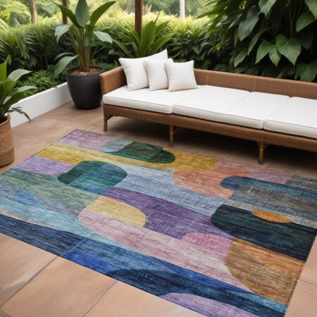 Homeroots 9' X 12' Blue Purple And Green Abstract Washable Indoor Outdoor Area Rug 604364