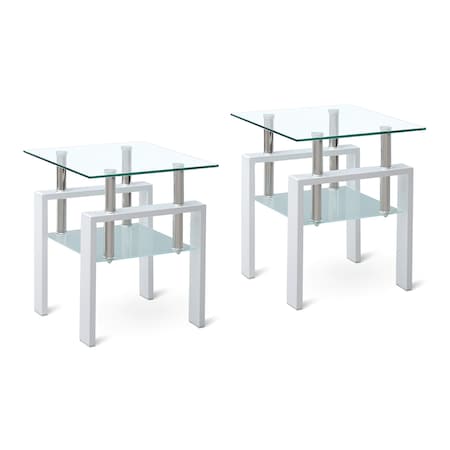 Homeroots Set of Two Clear and White Glass and Metal Square End Tables With Shelf, 2PK 635681