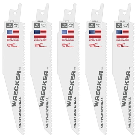 Milwaukee Tool The WRECKER Multi-Material SAWZALL Blade 6" 7/11TPI 5pk 48-00-5701
