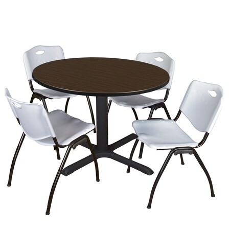 Regency Round Cain Breakroom Table W/ 4 M Stack Chairs, 48 in W, 48 in L, Neo Walnut TB48RNDNW47GY