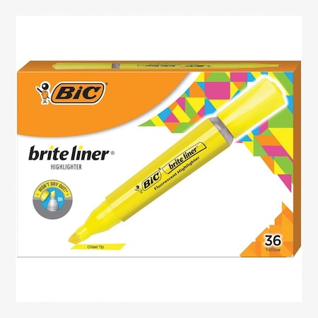 Bic Brite Liner Grip Xl Highlighter, Pocket Clip, Chisel Tip, Fluorescent Yellow BLMG11-YW