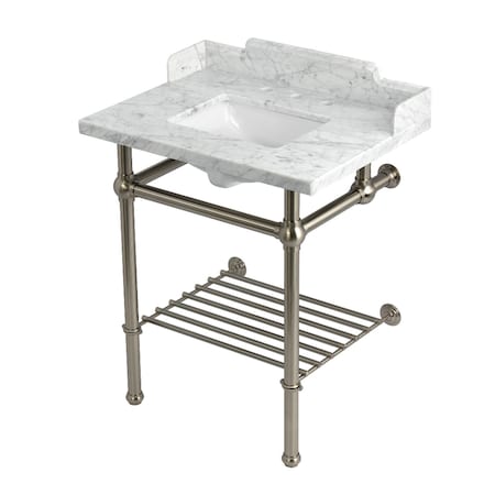 Kingston Brass 30-Inch Carrara Marble Console Sink with Brass Legs and Shelf, 8-Inch, 3-Hole LMS30MBSQB8