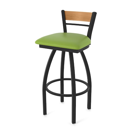 Holland Bar Stool Co Revelle 36in Swivel Extra Tall Bar Stool, Black Wrinkle Finish, Medium Back, Canter Kiwi Green Seat 881