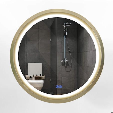 Fab Glass And Mirror Circle LED Mirror for Bathroom, Anti-Fog & Dimmable Touch Switch, 32inches, Gold, Tempered HC32RD-FG