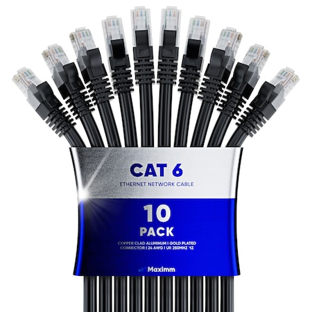 Maximm Cat6 Ethernet Cable 5ft 10Gbps 550MHz UTP, 10PK, Black, 10PK CAT6CCA-5BK-10PK