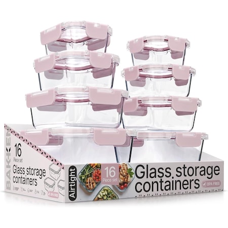 Bakkenmaster Borosilicate Glass Food Storage Containers with Lids, BPA-Free, Airtight and Leak-Proof, Pink, 16PK EMPGFCL448PK