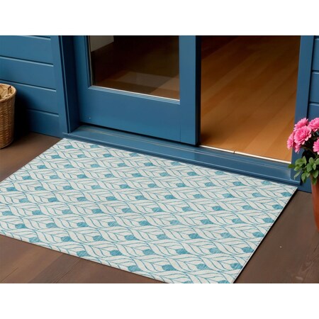 Homeroots 3' X 5' Teal Blue And Ivory Geometric Washable Indoor Outdoor Area Rug 595775