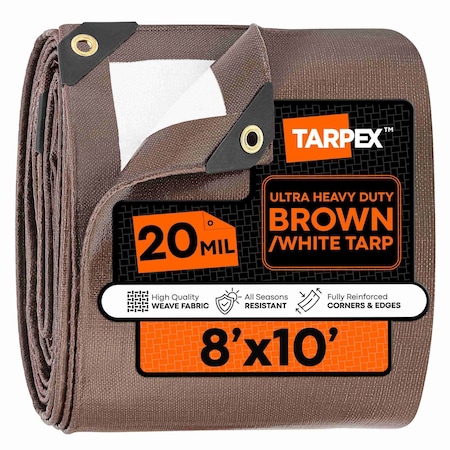 Tarpex Ultra Heavy Duty Tarp, 8 ft x 10 ft, 20 Mil, Brown/White, Polyethylene UHD-TA-810