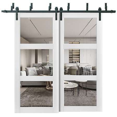 Sartodoors Sliding Closet 3 Lites Clear Glass Barn Bypass Doors, Lucia 2555 White Silk, Sturdy 6.6ft Rails Ha LUCIA2555BBB-WS-8484