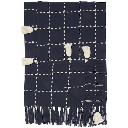 Homeroots Navy And White Stitched Square Pattern Cotton Throw Blanket 386608