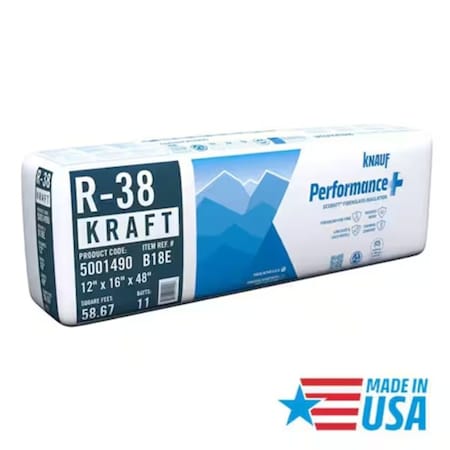 Knauf R-38 Kraft Faced Fiberglass Roll Insulation, bundle of 4 bags, covers 234.68SF, 4PK 5001490