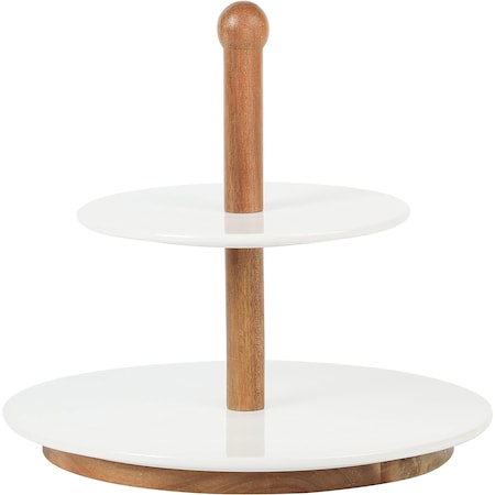 Gibson Home Gracious Dining 3 Piece 2 Tier Stoneware Server with Wooden Stand in White 136821.03R