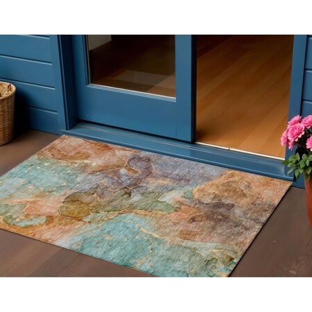 Homeroots 3' X 5' Copper Orange And Teal Blue Abstract Washable Indoor Outdoor Area Rug 581761