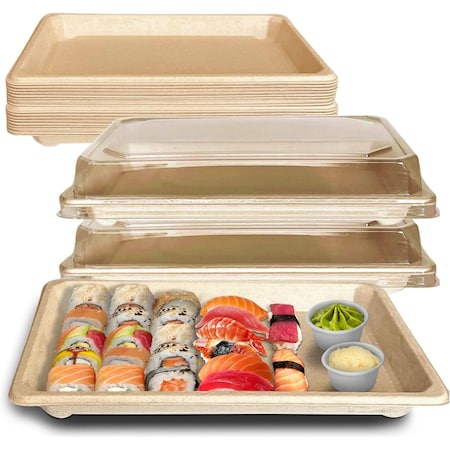Ecoquality 1.5L Compostable Natural Sugarcane Bagasse With Lid Small Take Out Sushi Tray, 400PK EQ15LSUSHIWL-400