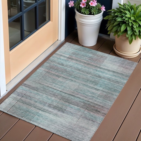 Homeroots 3' X 5' Teal Blue Gray And Charcoal Striped Washable Indoor Outdoor Area Rug 588070