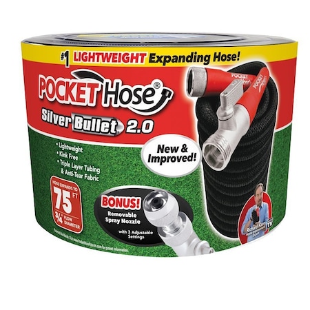 Pocket Hose Silver Bullet 17844-6 Expanding Garden Hose, 3/4 in, 75 ft L, Plastic, Black, 2.0 17824-6