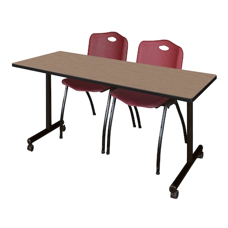 Regency Kobe Mobile T-Base Training Table W/ 2 M Stack Chairs, 72 in W, 24 in L, Noble Oak MKTRCC7224NO47BY