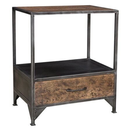 Homeroots 28" Brown And Dark Gray Steel and Solid Wood Distressed One Drawer Nightstand 565302