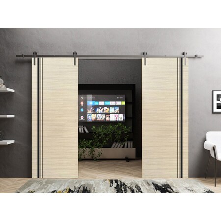 Sartodoors Sliding Double Barn Doors with Hardware, Planum 0011 Natural Veneer and Aluminum Strips, 13FT Rail PLANUM0011DB-S-SHP-64