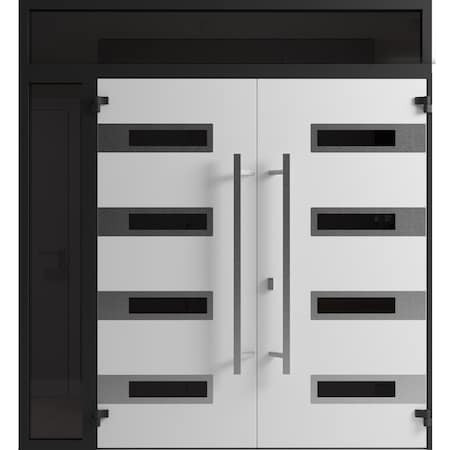 Vdomdoors Front Exterior Prehung Aluminum Double Doors Ronex0131 Black Enamel 1 Sidelight and Top Transom RONEX0131DEXD-BLK-W72+12xH96+14-LH-O