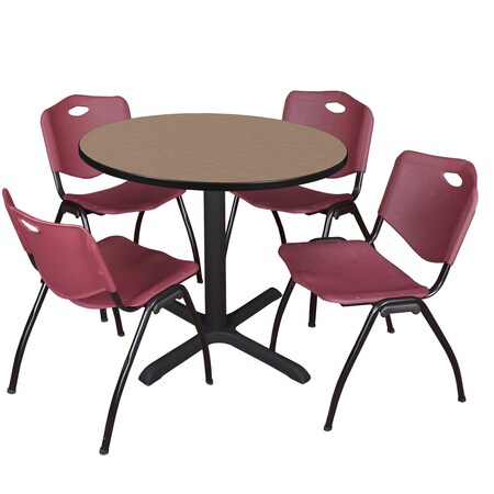 Regency Round Cain Breakroom Table W/ 4 M Stack Chairs, 42 in W, 42 in L, Noble Oak TB42RNDNO47BY