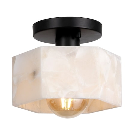 Jonathan Y Tessa 8" 1-Light Modern Contemporary Alabaster/Iron Hexagonal LED Semi Flush Mount, White Marbling/Bl JYL1204B