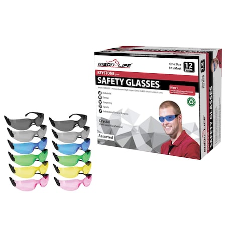 Bison Life Keystone, Safety Glasses, Anti-Scratch, Assorted: Green, Pink, Blue, Gray, Yellow, Black Lens BL-KSSG1-CLBT-ADP-12