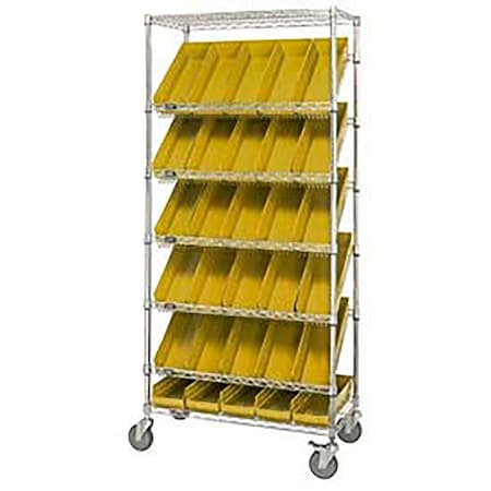 Global Industrial Easy Access Slant Shelf Chrome Wire Cart, 30 4 Shelf Bins Yellow, 36"Lx18x74 269003YL