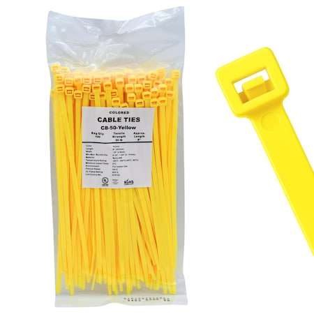 Cable Ties Unlimited Cable Tie, 8 in L, 50 lb Strength, 2.2 in Max Bundle Dia, Nylon 6/6, Yellow 100PK   C8-50-Yellow