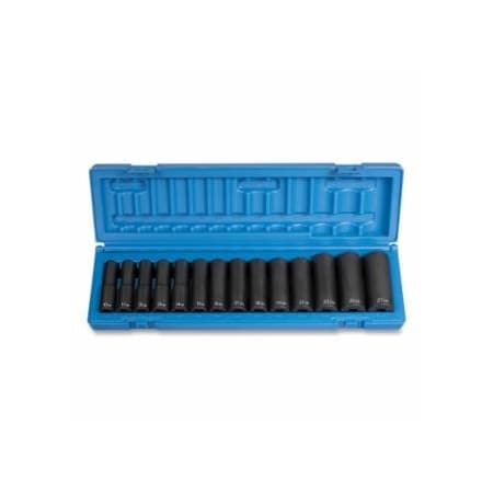 Grey Pneumatic Impact Socket Set, 1/2 in Dr, Metric, 6-point, 10 mm to 27 mm, 14-Pc Deep Length 914-1412MD