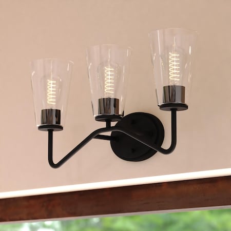 Vaxcel Beverly 3 Light Matte Black Bathroom Vanity Fixture Clear Glass Shade, LED Compatible W0440