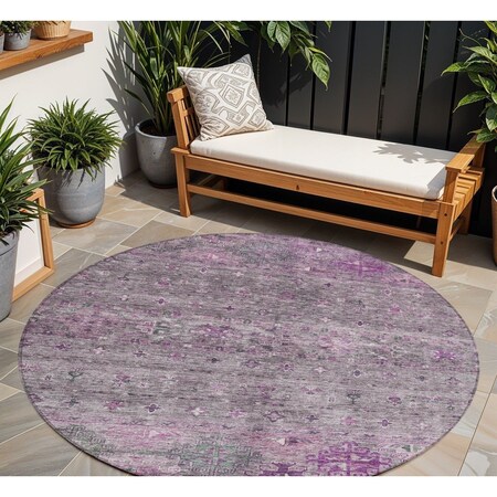 Homeroots 8' Purple And Gray Round Floral Washable Indoor Outdoor Area Rug 606208