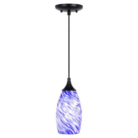Vaxcel Milano Matte Black Mini Pendant Ceiling Light with Blue Swirl Art Glass P0384